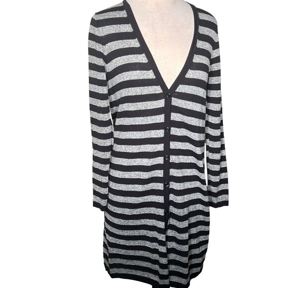 J. Jill Wearever Collection Striped Button-Front Cardigan Sweater XS Black Gray - Picture 1 of 11